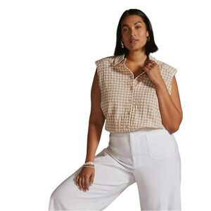 Maeve Top Women's Size Extra Large Tan White Gingham Sleeveless Buttondown